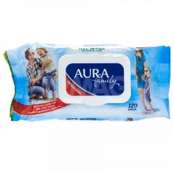 Салфетки влажные AURA Family 120шт Антибактериальные д/всей семьи с клапаном